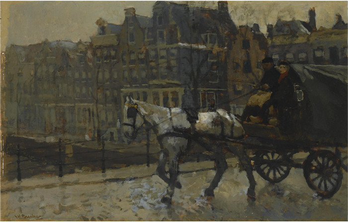 乔治·亨德里克·布莱特纳(George Hendrik Breitner)作品-一辆马车在穿过阿姆斯特丹普林森格拉赫特大街的高速公路上行驶