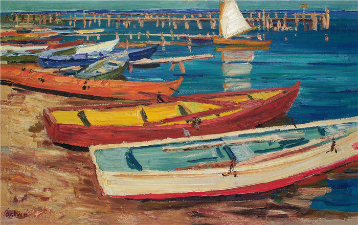 阿诺德·鲍威(Arnold Balwe)高清作品-吉姆塞Gstadt的船 1940 Ol auf Leinwand 70 x 100 cm