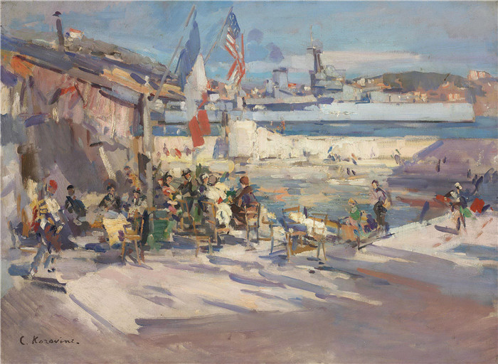 康斯坦丁·柯罗文(Constantin Korovin)高清作品-法国港口的咖啡馆Cafe in a french port