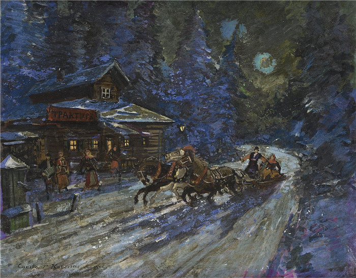 康斯坦丁·柯罗文（Constantin Korovin）高清作品-月光下的三驾马车之旅