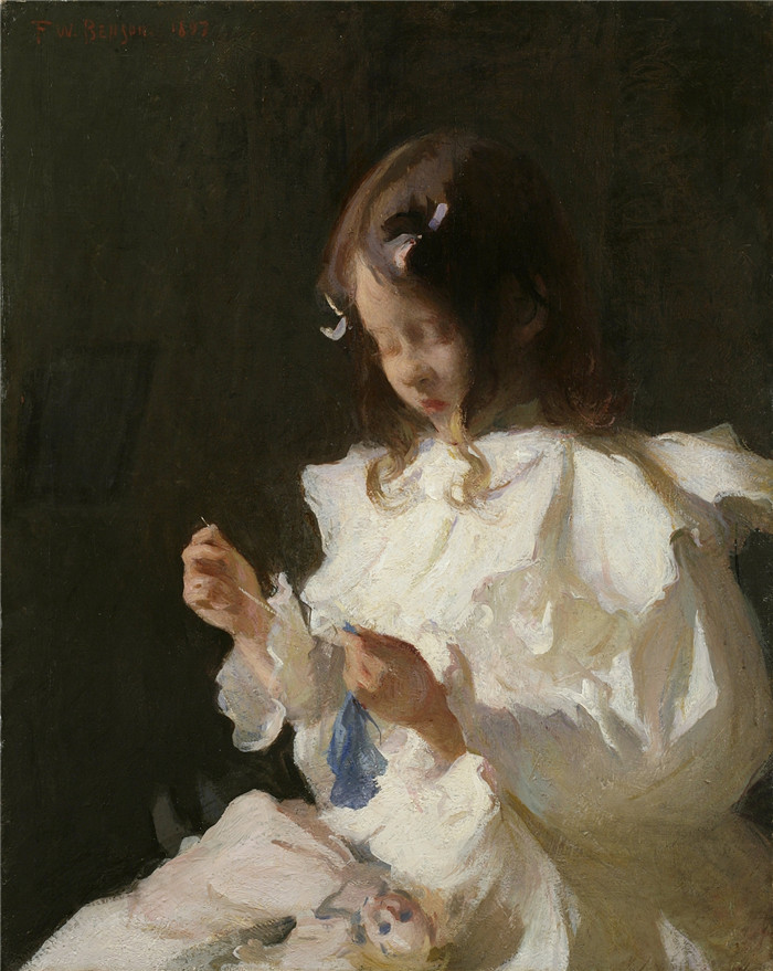 弗兰克·韦斯顿·本森(Frank Weston Benson)高清作品-《缝纫后的孩子肖像》(Portrait of a Child Sewing)