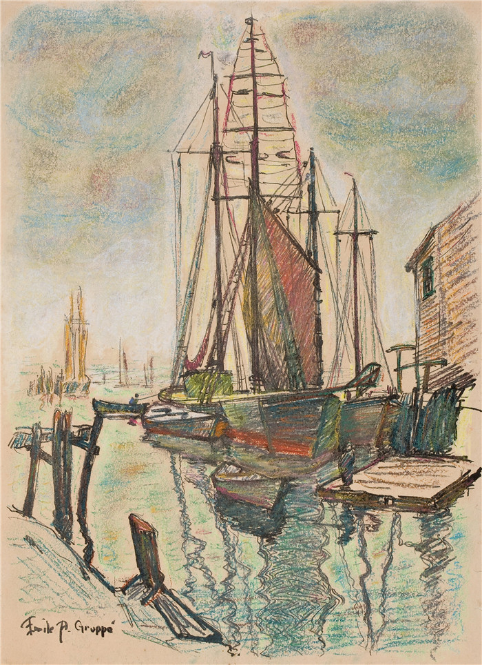 埃米尔·阿尔伯特·格鲁佩(Emile Albert Gruppe)高清作品-《港口里的船》