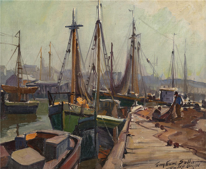 埃米尔·阿尔伯特·格鲁佩(Emile Albert Gruppe)高清作品-格洛斯特上港 UPPER HARBOR, GLOUCESTER