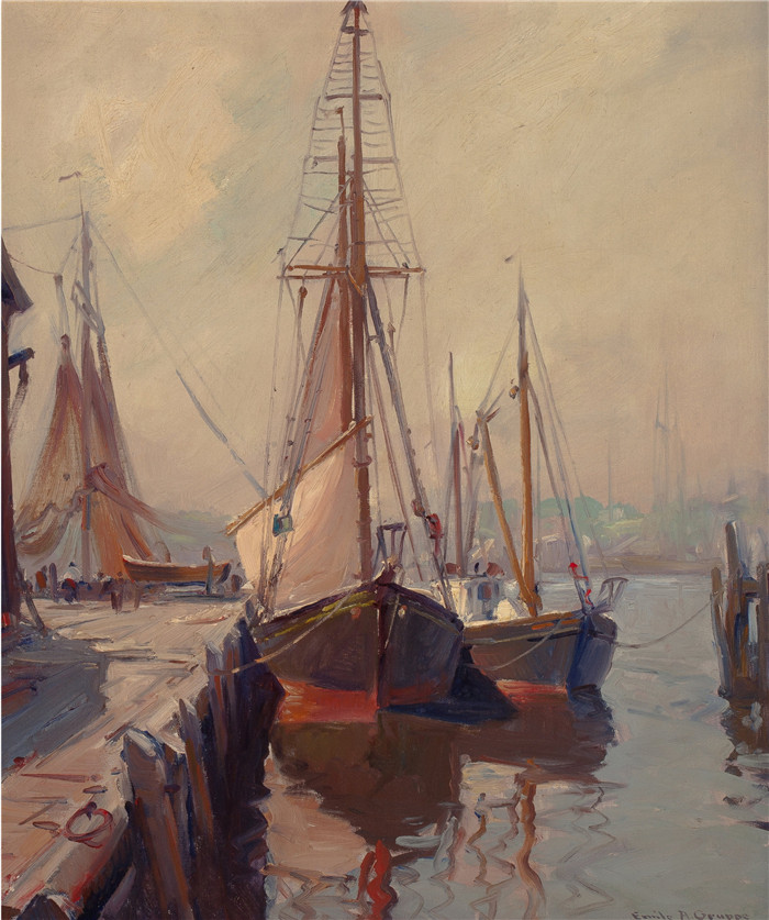 埃米尔·阿尔伯特·格鲁佩(Emile Albert Gruppe)高清作品-港口场景画