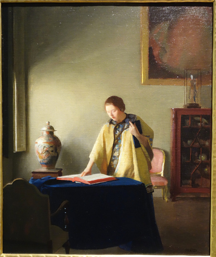 威廉·麦格雷戈·帕克斯顿(William McGregor Paxton)高清作品-《带书的女人》,约1910年