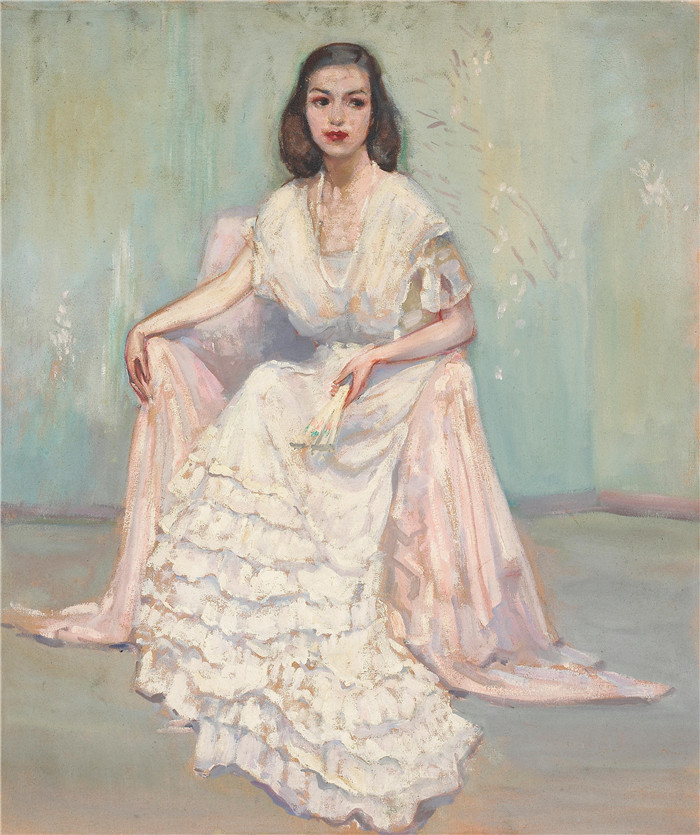 阿尔森•斯金纳•克拉克 (Alson Skinner Clark)高清作品-安拿着扇子坐着