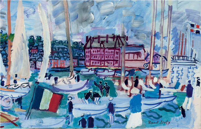 拉乌尔·杜菲(Raoul Dufy)高清作品-多维尔盆地的帆船和旗帜