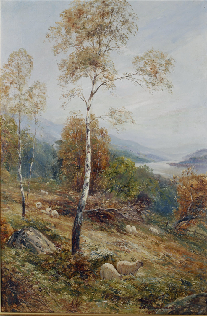 欧内斯特·沃尔伯恩(Ernest Walbourn)高清作品-霍斯特兰斯卡普、阿尔瓦、比约卡 Hostlandskap med alv och bjorkar, den ena med betande