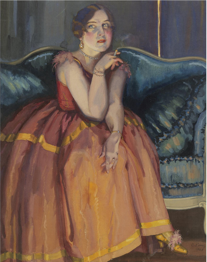 康斯坦丁·索莫夫(Konstantin Somov)高清作品-一个女人在沙发上抽烟, 1925