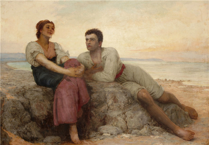 查尔斯·爱德华·佩鲁吉尼(Charles Edward Perugini )高清作品-海滩上的年轻情侣