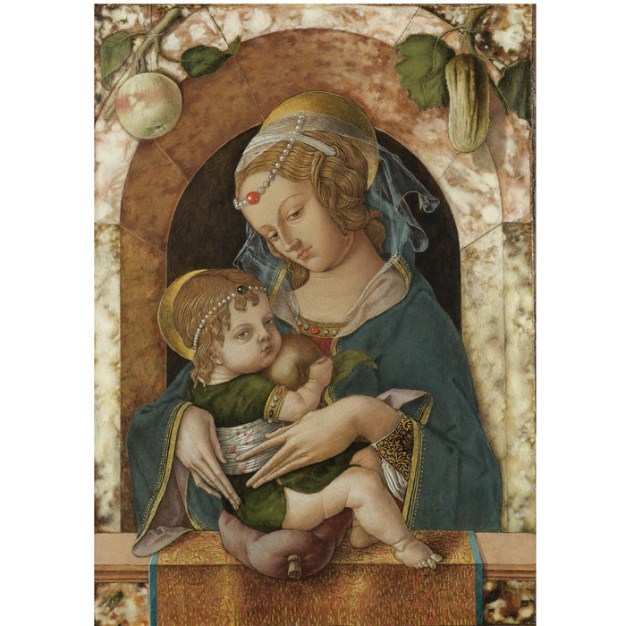 卡洛·克里维利(Carlo Crivelli)作品-麦当娜和孩子站在大理石栏杆旁