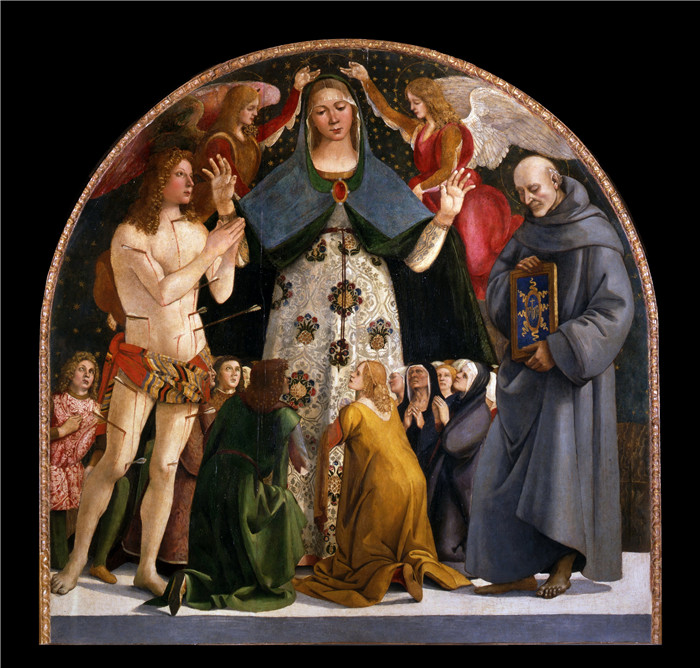 卢卡·西诺雷利(Luca Signorelli)高清作品-慈悲圣母与圣塞巴斯蒂安和贝纳迪诺·达·锡耶纳,1490年