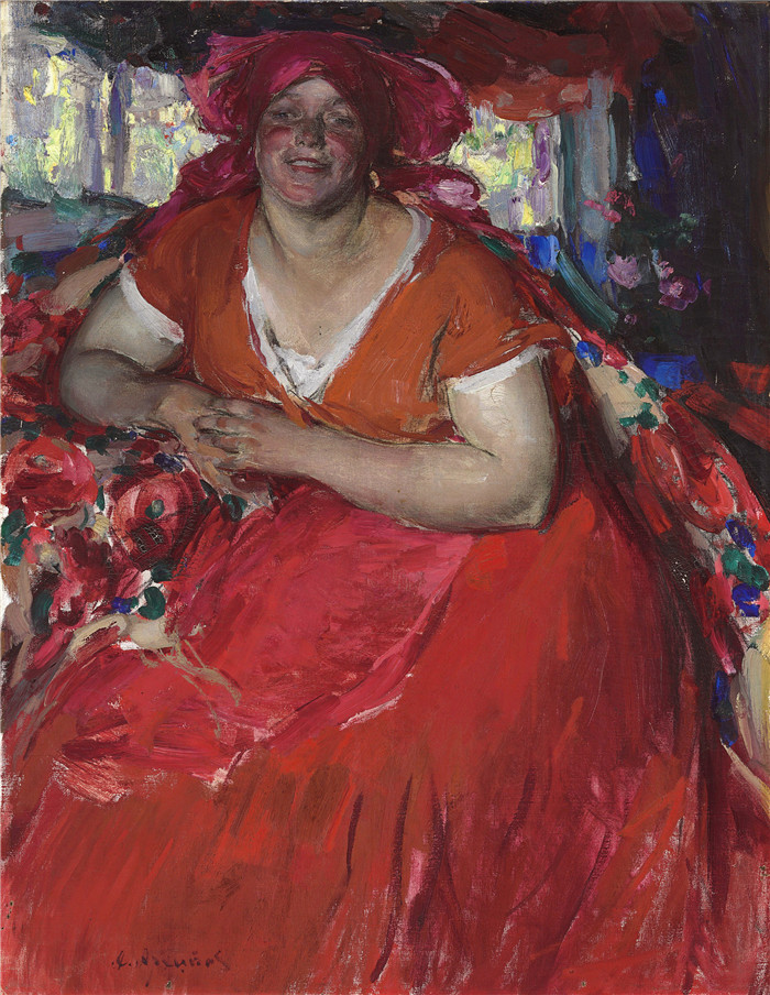 阿尔希波夫(Abram Efimovich Arkhipov)高清作品-身着红色连衣裙的农妇