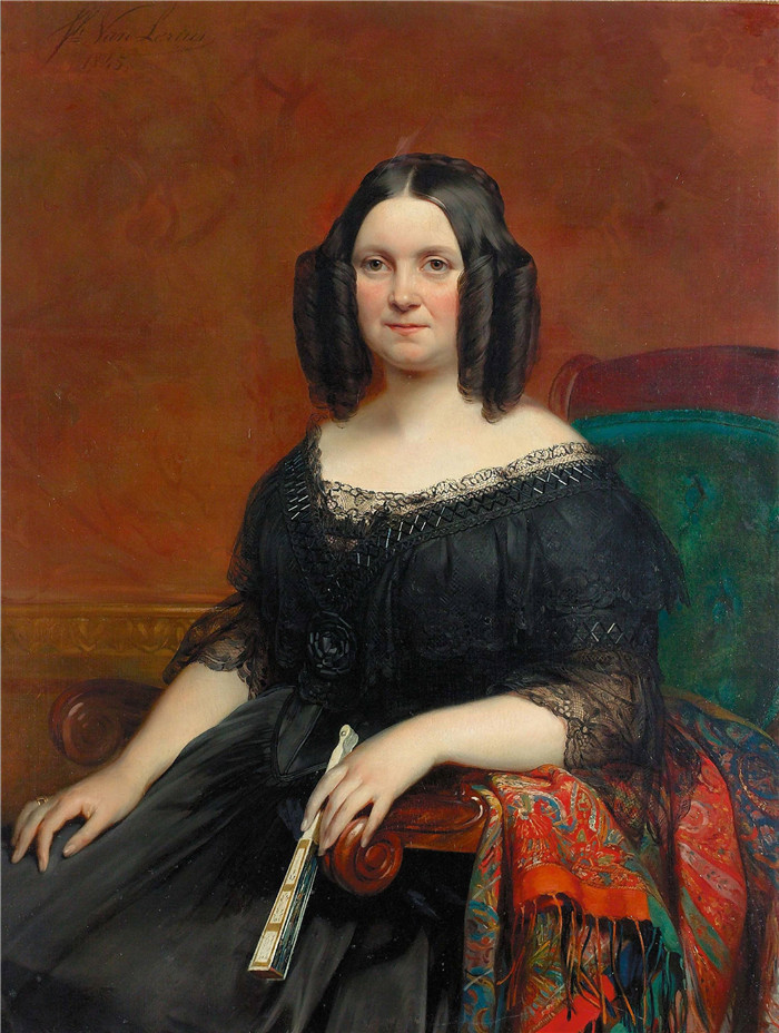 约瑟夫·范·莱里乌斯(Jozef Van Lerius)高清作品-一位穿着黑色蕾丝连衣裙的女士的肖像