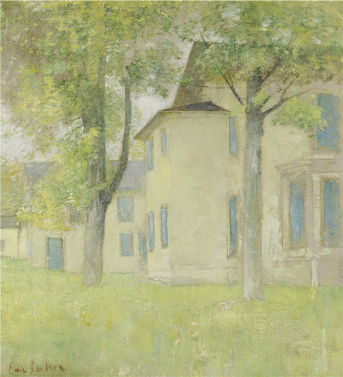 埃米尔·卡尔森(Emil Carlsen)高清作品-带蓝色百叶窗的房子House with Blue Shutters