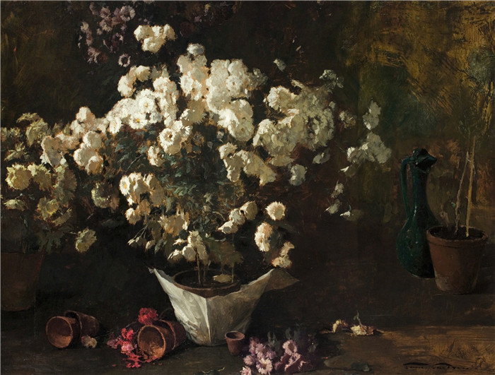 埃米尔·卡尔森(Emil Carlsen)高清作品-菊花静物 Still Life of Chrysanthemums