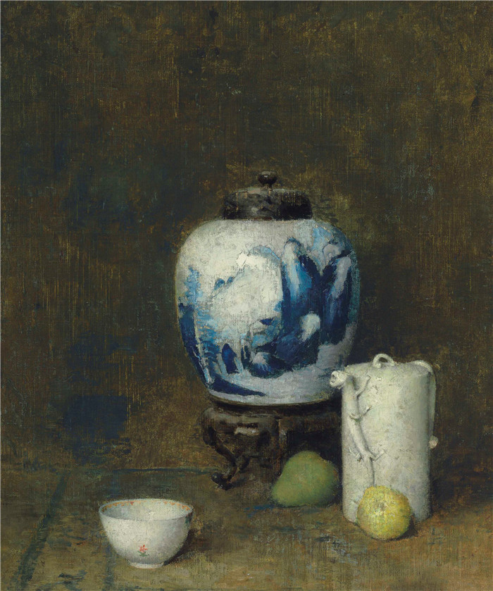 埃米尔·卡尔森(Emil Carlsen)高清作品-蓝色花瓶静物