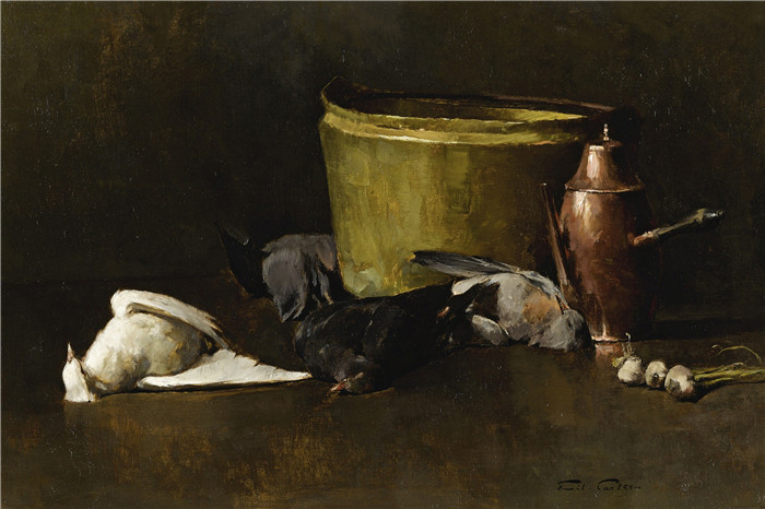 埃米尔·卡尔森(Emil Carlsen)高清作品-静物-铜碗、铜咖啡壶和鸽子
