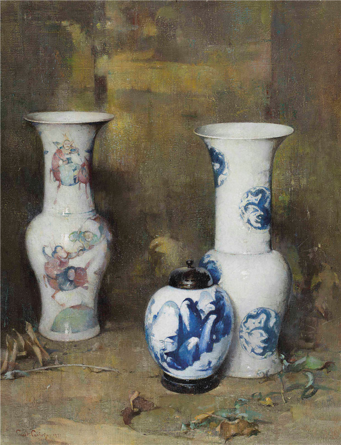 埃米尔·卡尔森(Emil Carlsen)高清作品-明代花瓶Ming Vases (and Ginger Jar), 1931