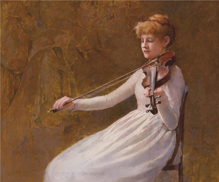 埃米尔·卡尔森(Emil Carlsen)高清作品-小提琴女孩Girl with a Violin, 1887