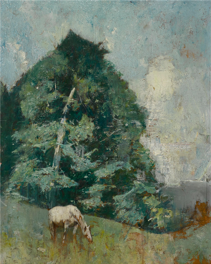 埃米尔·卡尔森(Emil Carlsen)高清作品-牧马Horse Grazing, 1930