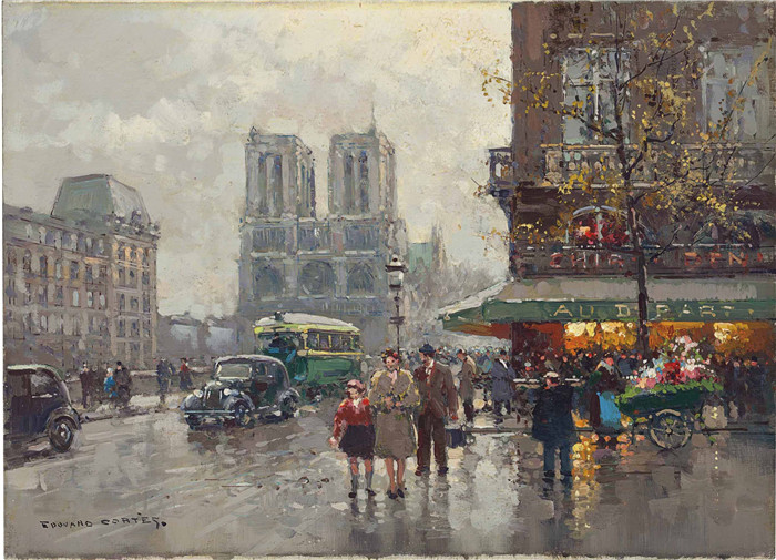 科尔特斯 (edouard leon cortes)作品-巴黎圣母院从圣米歇尔码头俯瞰