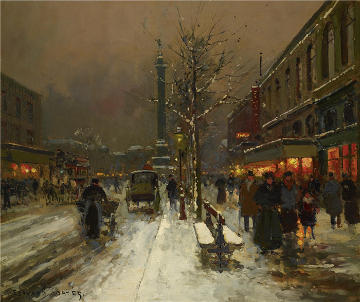 科尔特斯 (edouard leon cortes)作品-巴士底广场,晚雪