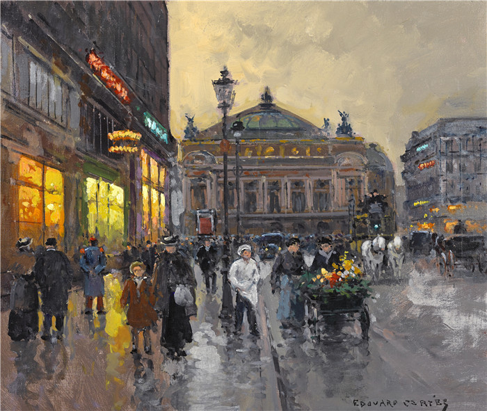 科尔特斯 (edouard leon cortes)作品-巴黎歌剧院前热闹的夜晚