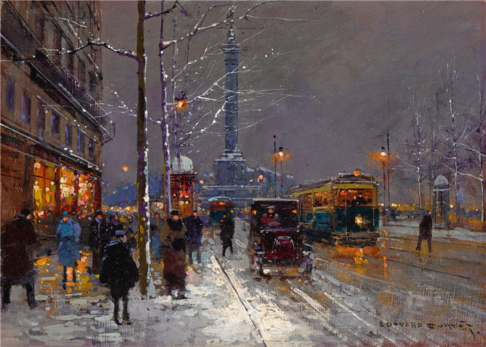 科尔特斯 (edouard leon cortes)作品-朝向巴士底广场,雪夜