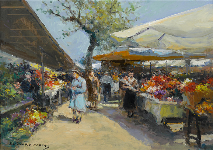 科尔特斯 (edouard leon cortes)作品-花卉市场Цветочный рынок (33 x 45.7 см)