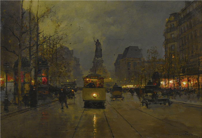 科尔特斯 (edouard leon cortes)作品-圣殿骑士街和共和国广场,晚上