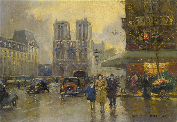 科尔特斯 (edouard leon cortes)作品-圣米歇尔广场,圣母院Площадь Сен-Мишель, Нотр-Дам (33 х 45.6 см)