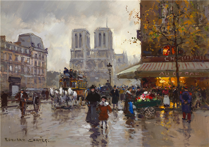 科尔特斯 (edouard leon cortes)作品-圣米歇尔广场,圣母院Площадь Сен-Мишель, Нотр-Дам (33 х 45.7 см)