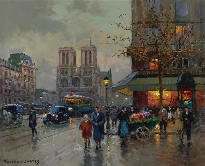 科尔特斯 (edouard leon cortes)作品-圣米歇尔广场,圣母院Площадь Сен-Мишель, Нотр-Дам (46 х 56 см)