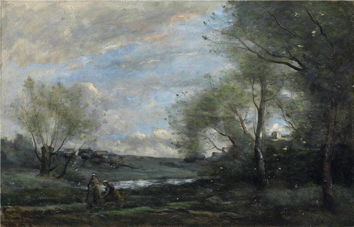 特鲁伊贝尔(Paul Désiré Trouillebert)高清作品 -河边有孩子的农民妇女