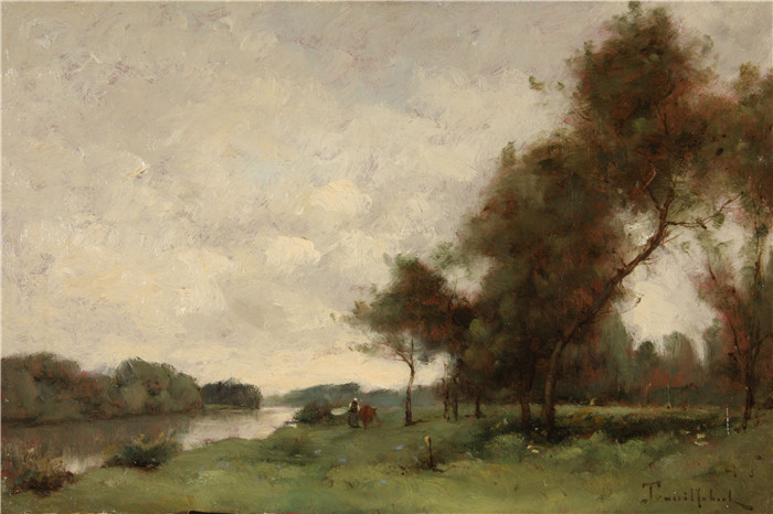 特鲁伊贝尔(Paul Désiré Trouillebert)高清作品 -河岸上带着奶牛的农民