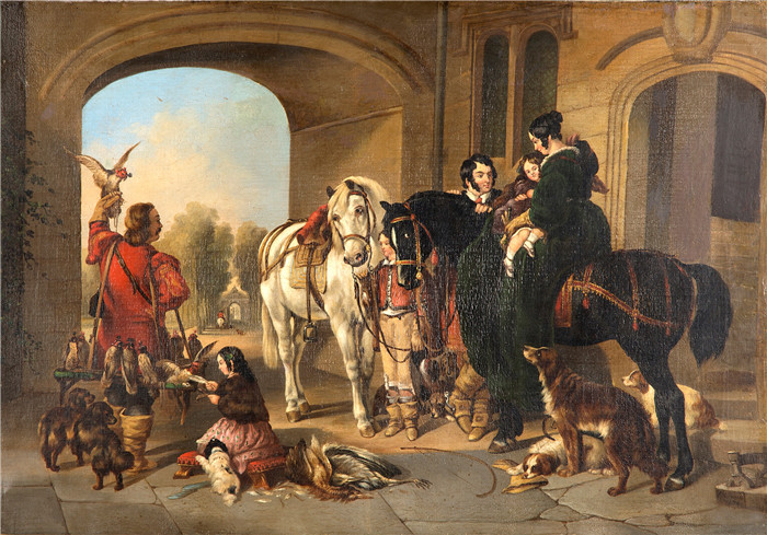 爱德华·查尔斯·巴恩斯(Edward Charles Barnes)油画-在众多人物的猎鹰狩猎之后