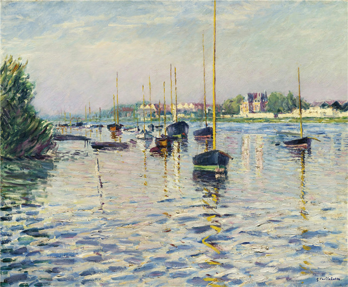 古斯塔夫·卡耶博特(Gustave Caillebotte)作品-停泊在阿根泰尔塞纳河上的船只 1892年