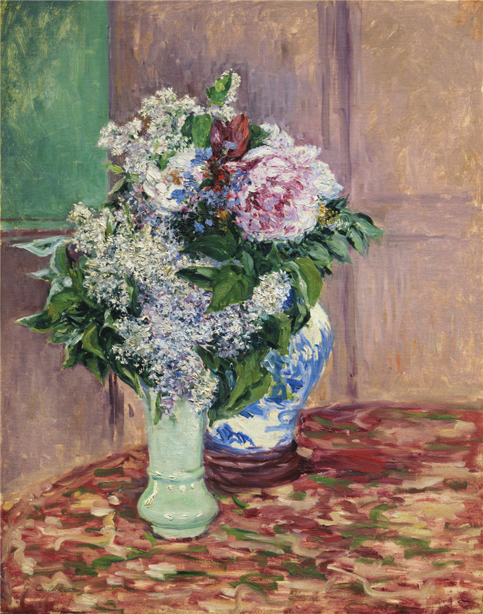 古斯塔夫·卡耶博特(Gustave Caillebotte)作品-两个花瓶里的丁香和牡丹 1883年