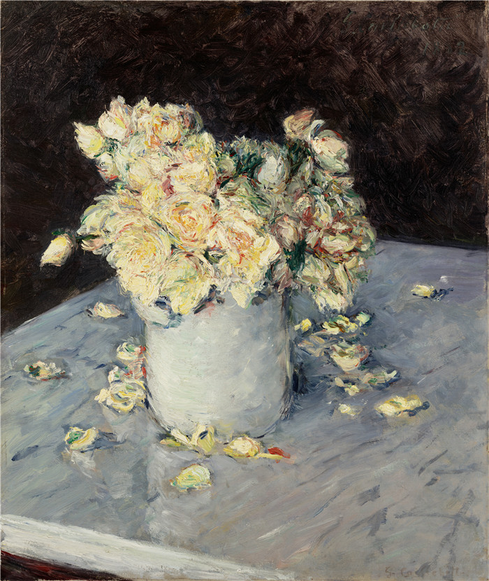 古斯塔夫·卡耶博特(Gustave Caillebotte)作品-花瓶里的黄玫瑰 1882年