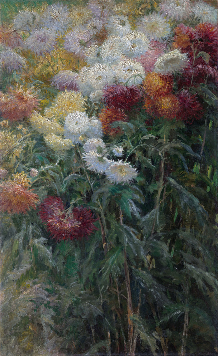 古斯塔夫·卡耶博特(Gustave Caillebotte)作品-小根尼维尔花园中的菊花 1893年