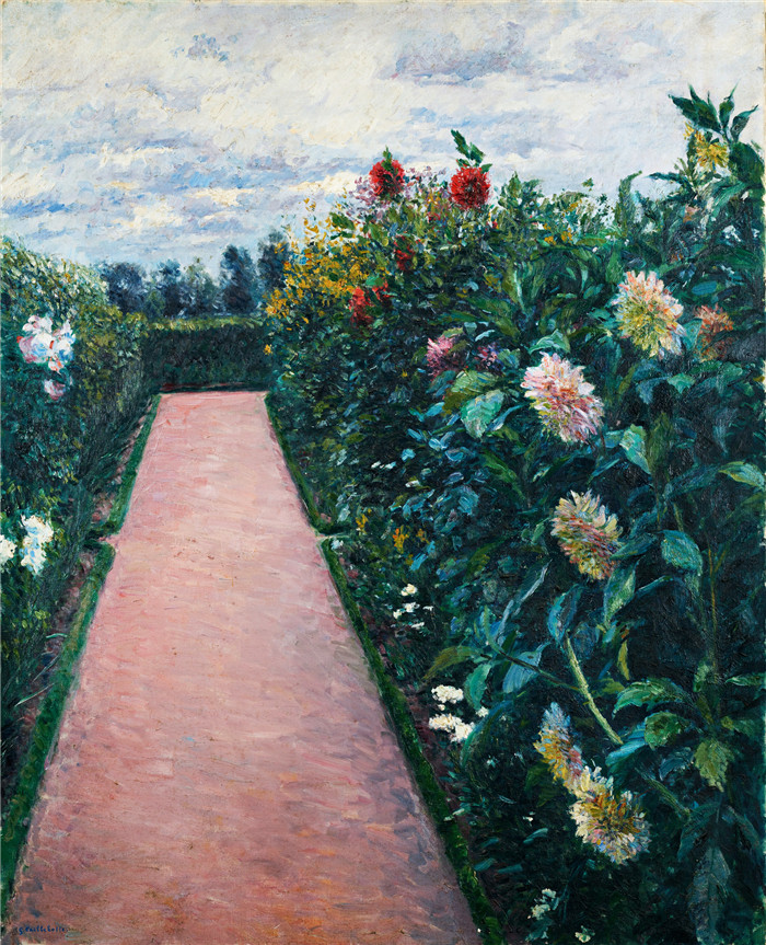古斯塔夫·卡耶博特(Gustave Caillebotte)作品-小根尼维尔大丽花花园小径1890-1891年