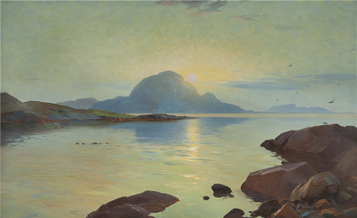 埃文·优宁（Even Ulving）油画-托格哈特山Sommeraften Helgeland - Torghatten