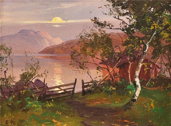 埃文·优宁（Even Ulving）油画-海岸景观，傍晚Kystlandskap, aften