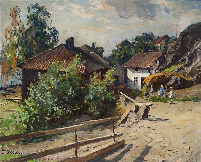 埃文·优宁（Even Ulving）油画-Landevei med folkeliv