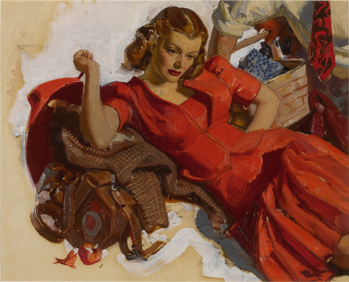 迪恩·康威尔(Dean Cornwell)作品-穿红色连衣裙的女人
