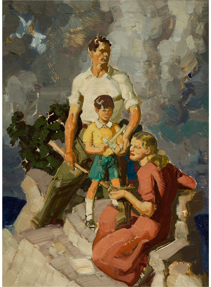 迪恩·康威尔(Dean Cornwell)作品-家庭Family. Oil on board. 10.5 x 7.75 in