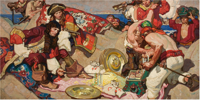 迪恩·康威尔（Dean Cornwell）作品-血船长检查宝箱珠宝