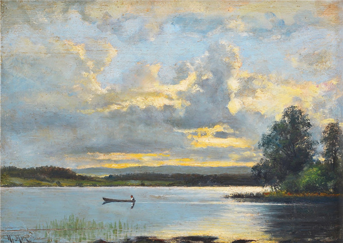 哈尔马·芒斯特耶尔姆(Hjalmar Munsterhjelm)油画-河流,晚霞-04