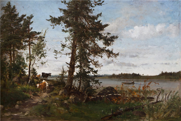 哈尔马·芒斯特耶尔姆(Hjalmar Munsterhjelm)油画-牛在海滩Lehmia rantamaisemassa, oljy, sign